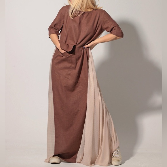 ADEPTT LINEN MAXI DRESS WITH LARGE FRONT POCKETS AND SHEER CHIFFON SIDES MODERN - Picture 13 of 13